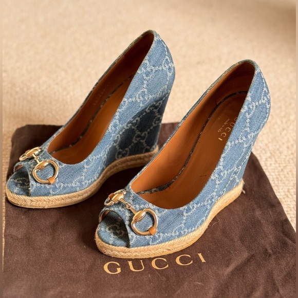 Gucci Shoes - Gucci wedge shoes denim. Worn 3 times. Like new with dust bag. Size is 35.